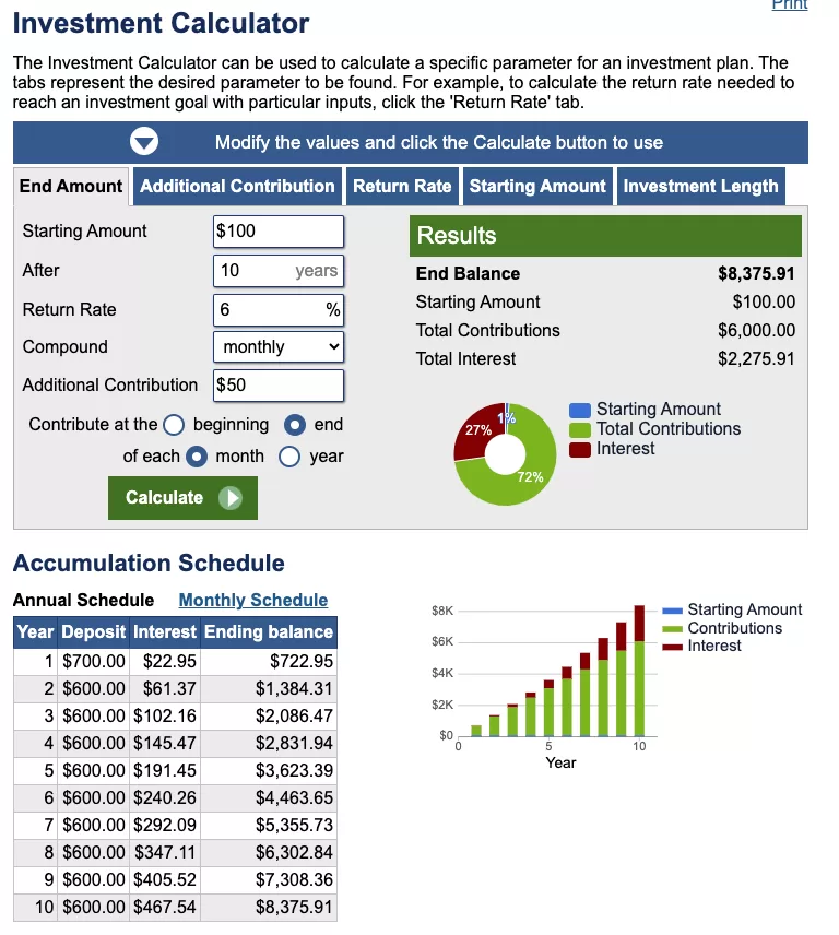 investment calculator screenshot