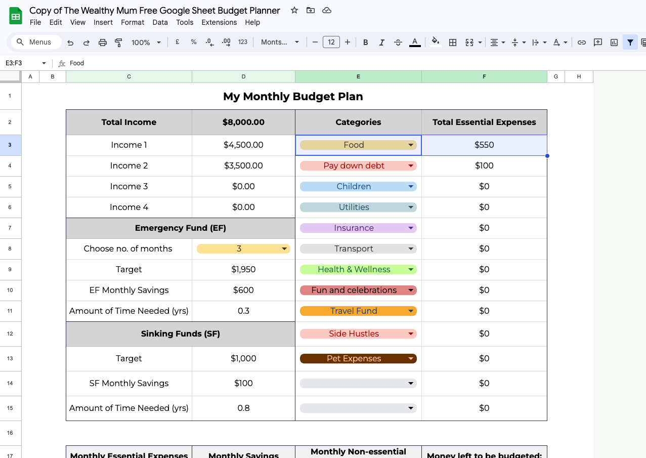 screenshot of google sheet emergency fund calculator