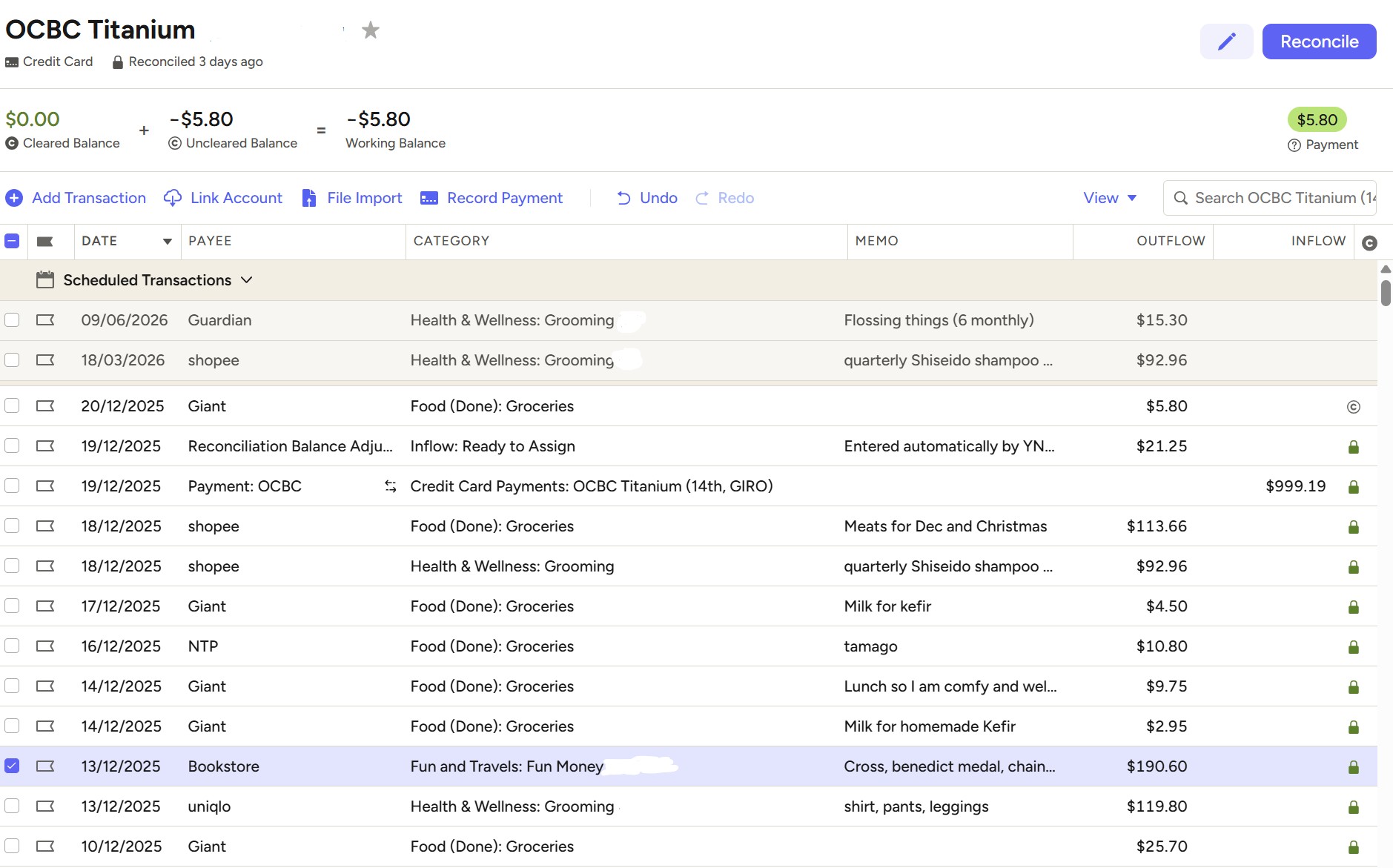 tracking expenses in YNAB showing spending on OCBC credit card